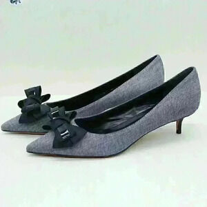 Butter Women's Grey/Black Leather Bow Tie Pointed Toe Kitten Heel Shoes Sz US 10